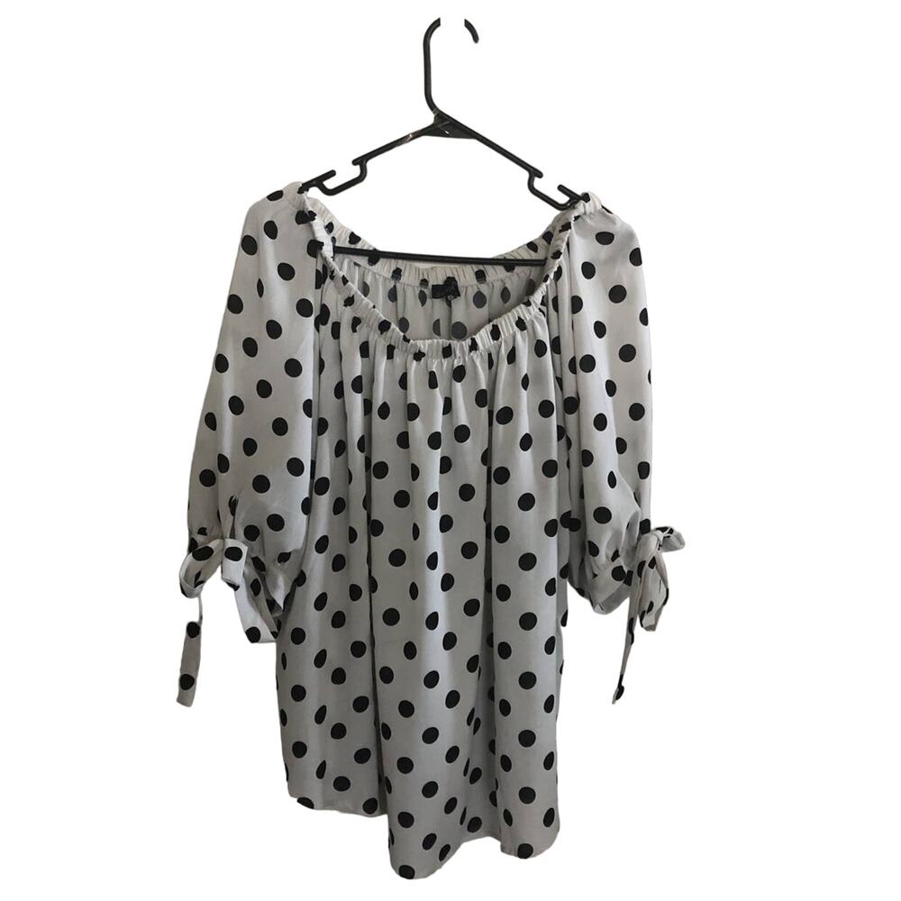 Tie Sleeve Off Shoulder Black And White Polka Dot Blouse